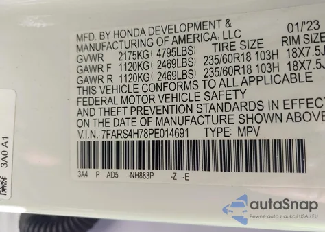 2023 Honda Cr-V Ex-L Awd from USA, damaged, VIN 7FARS4H78PE014691